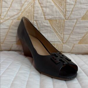 Tory Burch Black Peep-Toe Wedge Heels